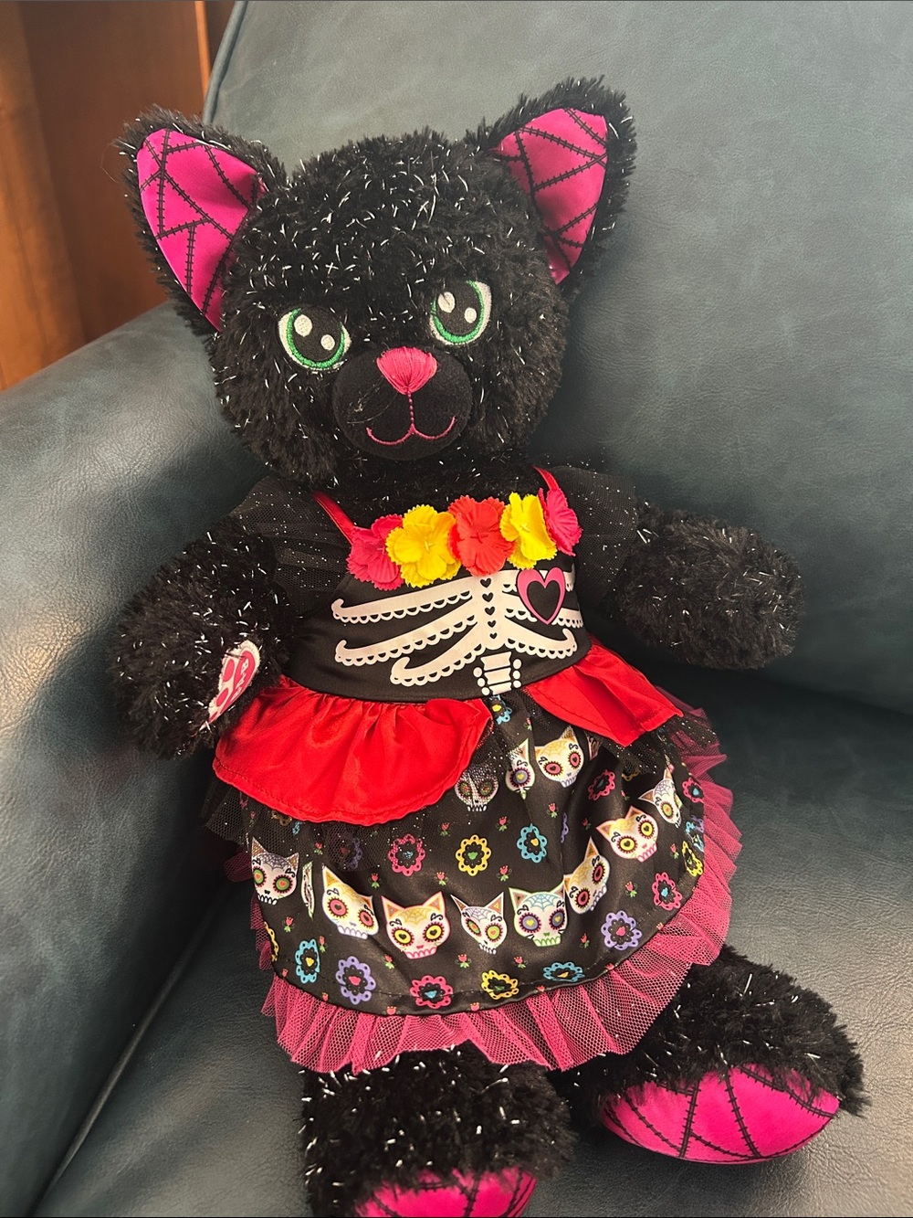 Build-A-Bear Night Magic Kitty with Day of the Dead dress